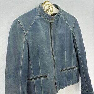 Vintage Blue Leather Jacket Womens XL Distressed Moto Biker Sheepskin Retro